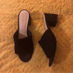 suede open toe mule heels